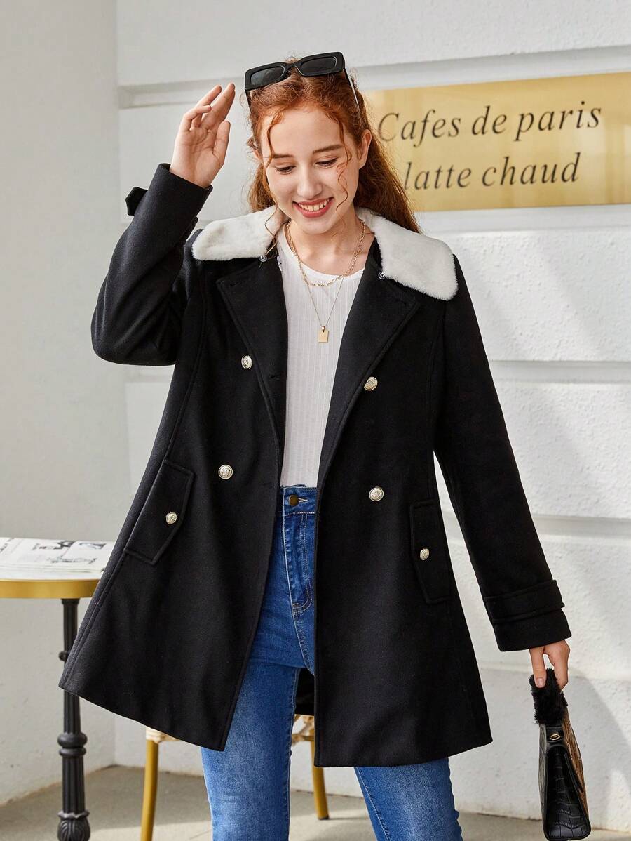 Teen Girl Borg Collar Double Breasted Overcoat - Black - View 1