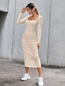 SHEIN Essnce Scoop Neck Ribbed Knit Bodycon Dress - Apricot - View 5