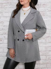 SHEIN LUNE Plus Herringbone Lapel Neck Double Breasted Overcoat - Grey - View 4