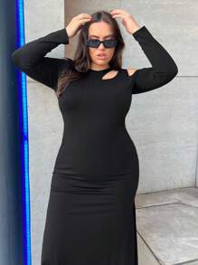 SHEIN Essnce 大碼素色鏤空不對稱領洋裝