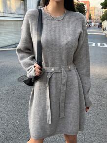 Dazy Star Drop Shoulder Belted Sweater Dress,Fall Women Clothes - Grey - View 6