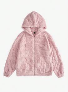 SHEIN EZwear Drop Shoulder Heart Graphic Zip Up Hooded Fleece Jacket - Pink - View 5