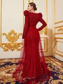 Faeriesty Elegant Sequin Long-Sleeve Slit Formal Dress With Ethereal Tulle Train | Luxury Gala Evening Look For Graduation Proms, Birthday Women Outfits & Black Tie Affairs