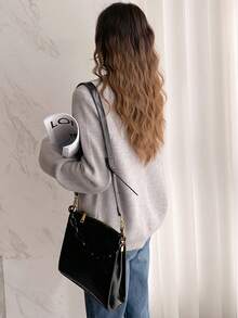 Alicedudu 纯色插肩袖高领纽扣前开襟毛衣，长袖上衣 - 淺灰色 - 查看 2