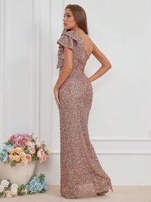 Vestido Largo De Fiesta Con Abertura Lateral Y Una Sola Manga - Rosa vieja - Ver 2