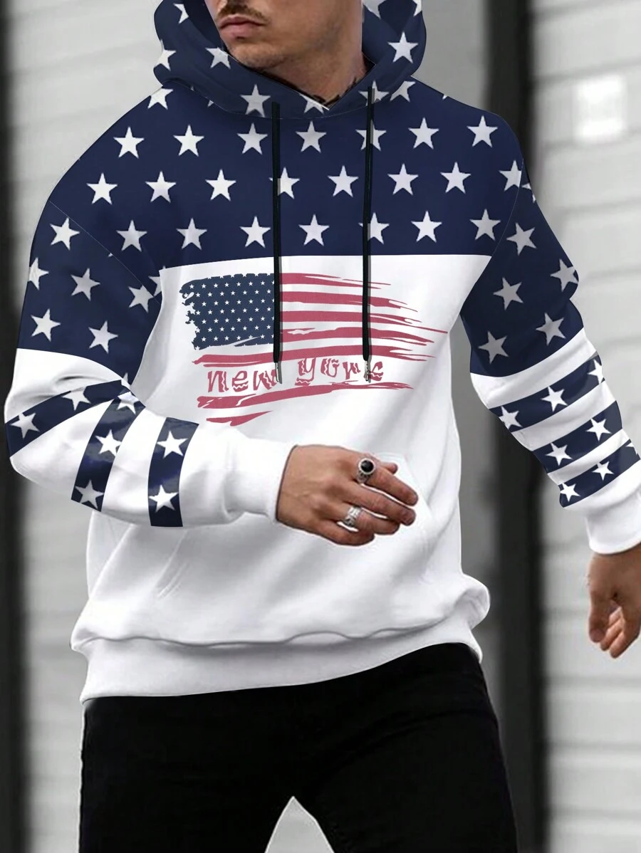 Manfinity Homme 男士旗幟印花連帽衫 - 藍白色 - 查看 1