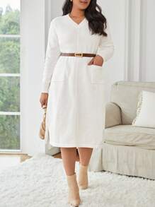 SHEIN Frenchy 大碼襯衫領子雙口袋毛衣洋裝不附腰帶 - 白色 - 查看 1