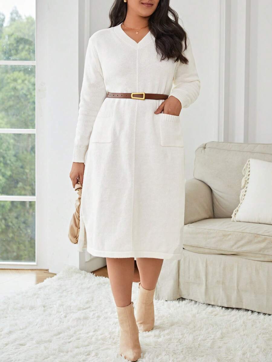 SHEIN Frenchy 大碼襯衫領子雙口袋毛衣洋裝不附腰帶 - 白色 - 查看 1