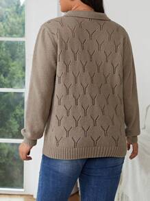 SHEIN Frenchy Plus Pointelle Knit Sweater - Khaki - View 2