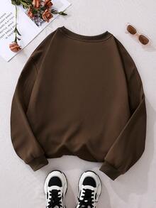 SHEIN EZwear 大碼豹紋和標語圖案加絨內裏運動衫 - 咖啡棕 - 查看 2