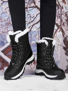 New Winter High-Top Anti-Slip Thick Plush Ladies Boots, Waterproof Outdoor Snow Boots, Fashionable Lace-Up Casual Black Thermal Lined Snow Boots, Warm Snow Boots For Couples, Winter Outdoor Sport Hiking Boots