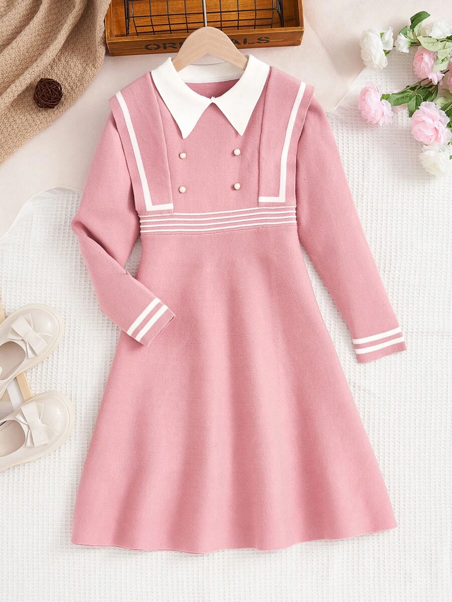 SHEIN Cô gái Tween Sọc trang trí Chi tiết Nút Cổ áo tương phản A-line Đầm Áo len - Hồng - Xem 1