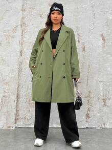 SHEIN EZwear 加翻領雙排扣束帶風衣 - 軍綠色 - 查看 3