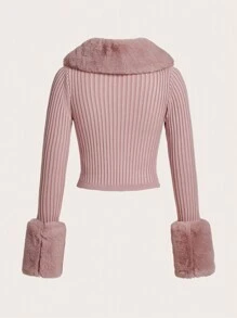 SHEIN ICON Fuzzy Trim Ribbed Knit Button Front Cardigan,Long Sleeve Tops In Fall/Winter - Pink - View 2
