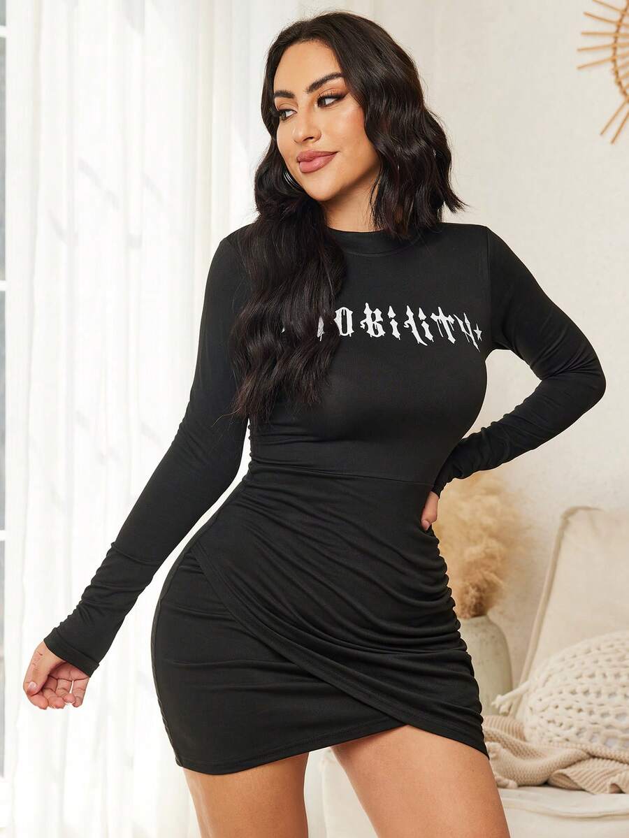 SHEIN SXY Letter Graphic Ruched Side Tulip Hem Bodycon Dress - Black - View 1