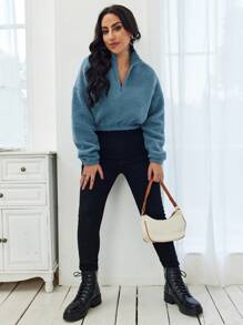 SHEIN LUNE Sudadera corta de franela con cremallera media y hombros caídos para otoño - Neblina azul - Ver 4