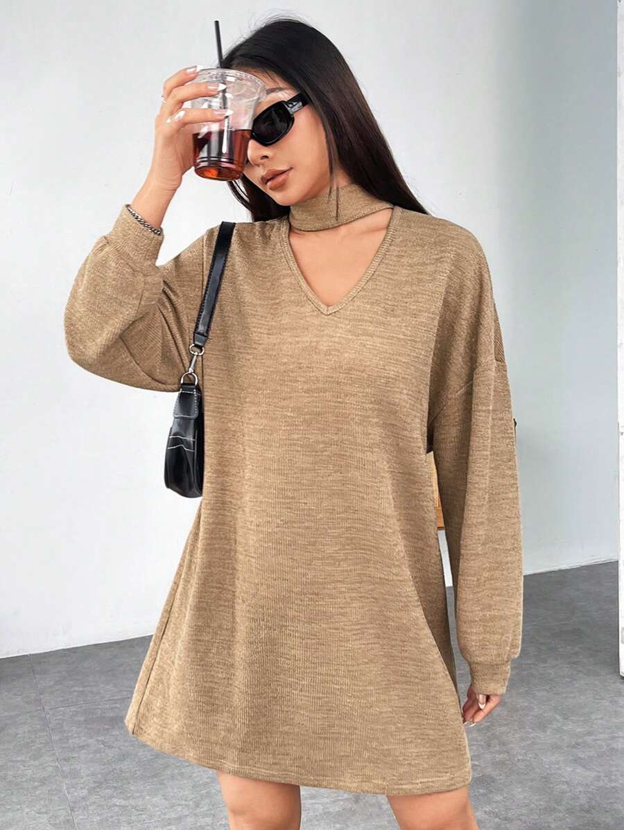SHEIN EZwear 鎖脖領口落肩T恤連衣裙