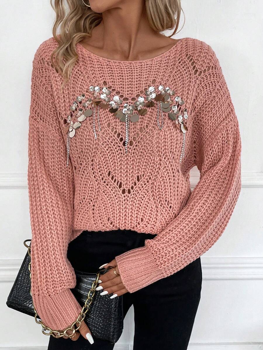 SHEIN LUNE 亮片装饰落肩镂空针织套头衫秋冬毛衣 - 西瓜粉 - 查看 1