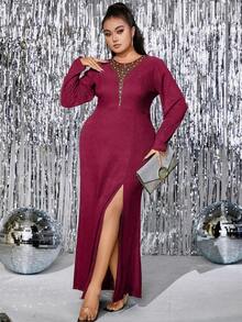 SHEIN Belle 勃艮第红色加对比网眼珍珠串珠开叉大腿闪光连衣裙 - 酒紅色 - 查看 6