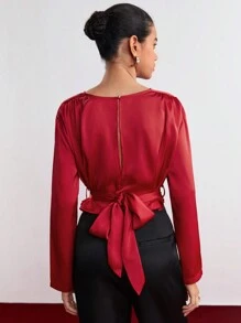 BizChic Quý cô Tay áo ngắn Áo sơ mi Với Đã thu thập Thiết kế - Đỏ - Xem 2