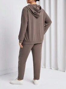 EMERY ROSE Plus Contrast Leopard Print Zip Up Hoodie & Pants - Khaki - View 2