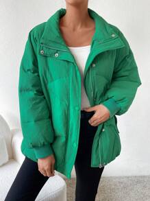 SHEIN Unity Abrigo con cremallera con botón de hombros caídos - Verde - Ver 3