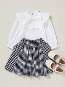 Nhỏ bé Cô gái Ruffle Đường viền cổ áo Với To lớn Bowknot Áo Và Họa tiết Nanh sói Lỏng lẻo phù hợp Váy Bộ - Màu Hồng Tươi - Xem 1