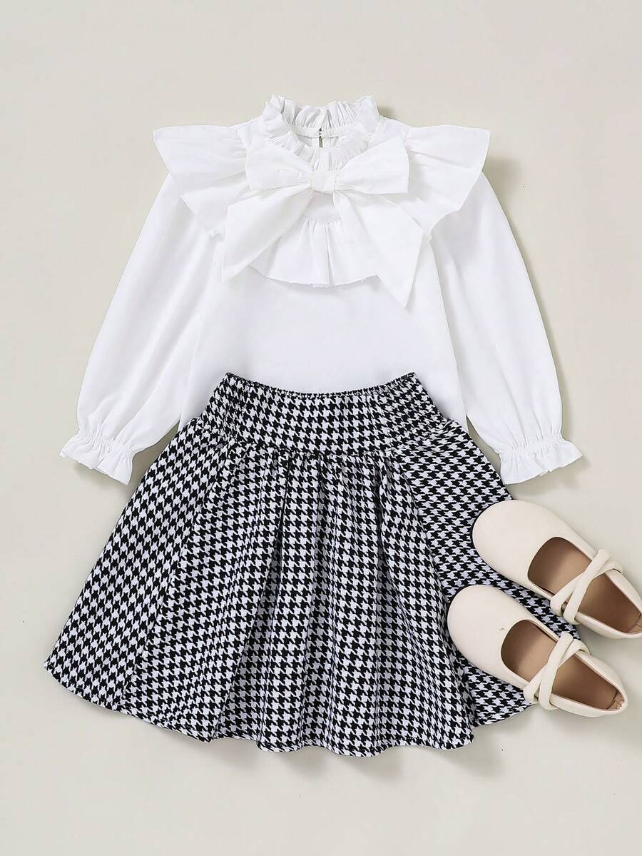 Nhỏ bé Cô gái Ruffle Đường viền cổ áo Với To lớn Bowknot Áo Và Họa tiết Nanh sói Lỏng lẻo phù hợp Váy Bộ - Màu Hồng Tươi - Xem 1