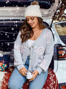 Calvaya 大碼花卉圖案落肩袖開襟衫 - 淺灰色 - 查看 6