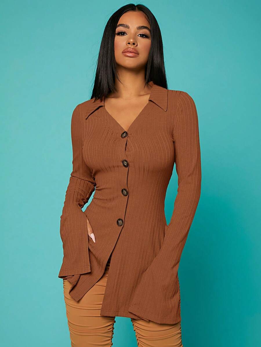 SHEIN SXY Nút phía trước Tách tay áo Áo thun - màu nâu - Xem 1