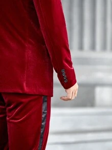 SHEIN 男士拼接面青果領絲絨西裝外套和褲子 - 酒紅色 - 查看 4