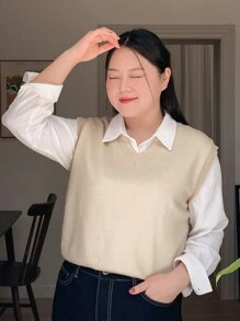 Dazy Petite Plus Solid Sweater Vest Without Blouse - Apricot - View 1