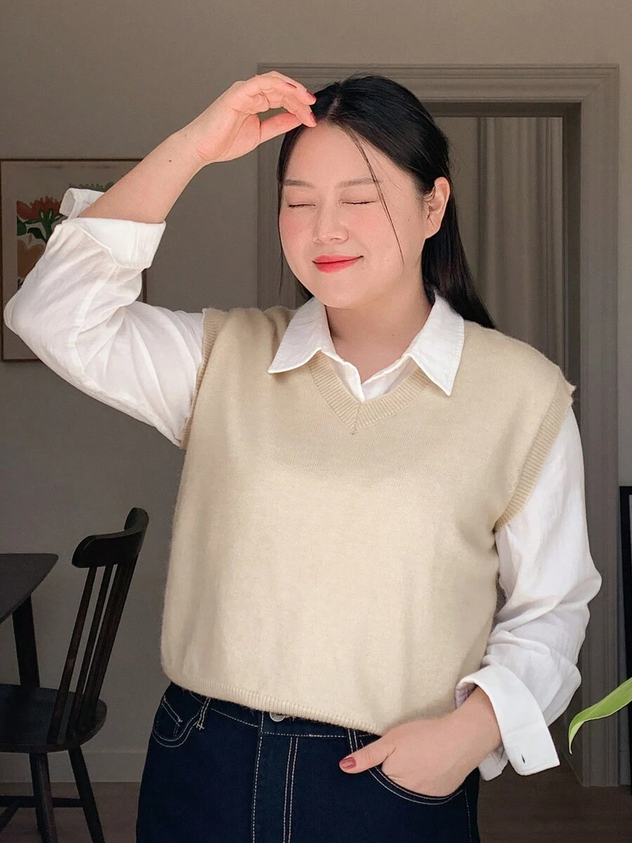Dazy Petite Plus Solid Sweater Vest Without Blouse - Apricot - View 1