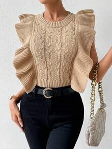 SHEIN Essnce Viền Ruffle Xoắn Dan Áo len vest - Màu Khaki - Xem 3