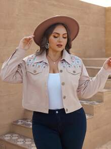 SHEIN VCAY 大碼幾何印花翻蓋細節夾克 - 彩色 - 查看 5