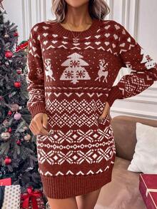 SHEIN Essnce 幾何圖案落肩袖毛衣洋裝 - 鏽棕色 - 查看 3