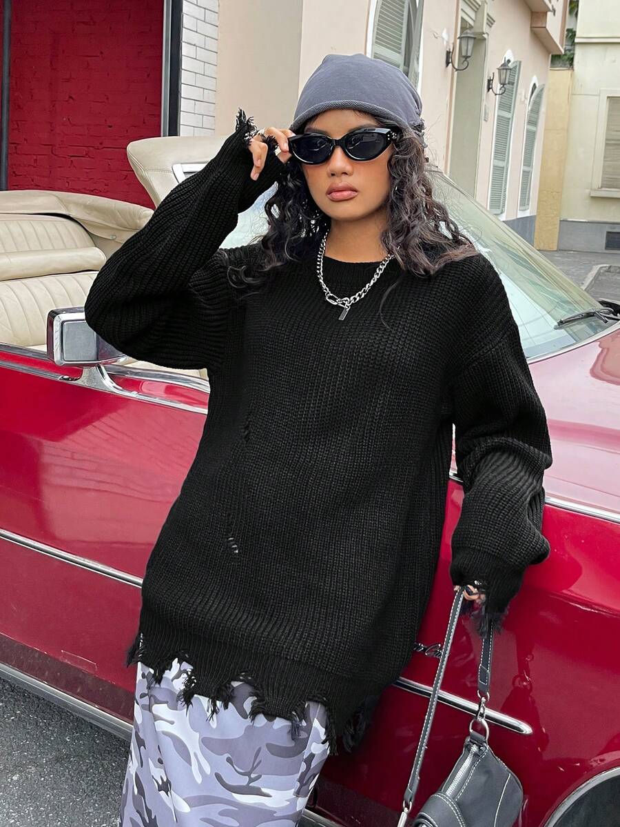 SHEIN EZwear Solid Distressed Drop Shoulder Sweater - Black - View 1