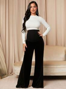 SHEIN Maternity Wide Leg Velvet Pants - Black - View 3