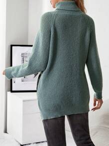 SHEIN 孕婦高領插肩袖下擺開叉套頭毛衣 - 綠色 - 查看 2