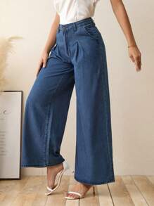 SHEIN LUNE High Waist Wide Leg Jeans Without Belt - Blue - View 5