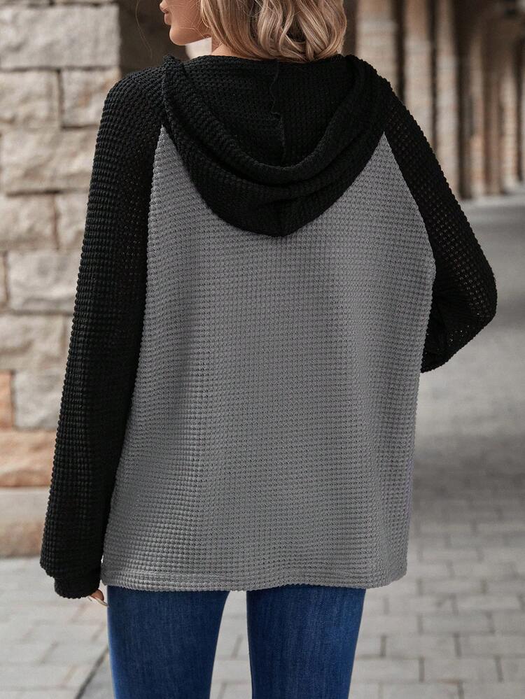 Colorblock Half Button Raglan Sleeve Drawstring Hoodie