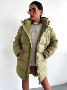 EURMUSE Màu thuần áo có mũ Của phụ nữ Giải trí Đệm Áo khoác - màu xanh lá - Xem 1