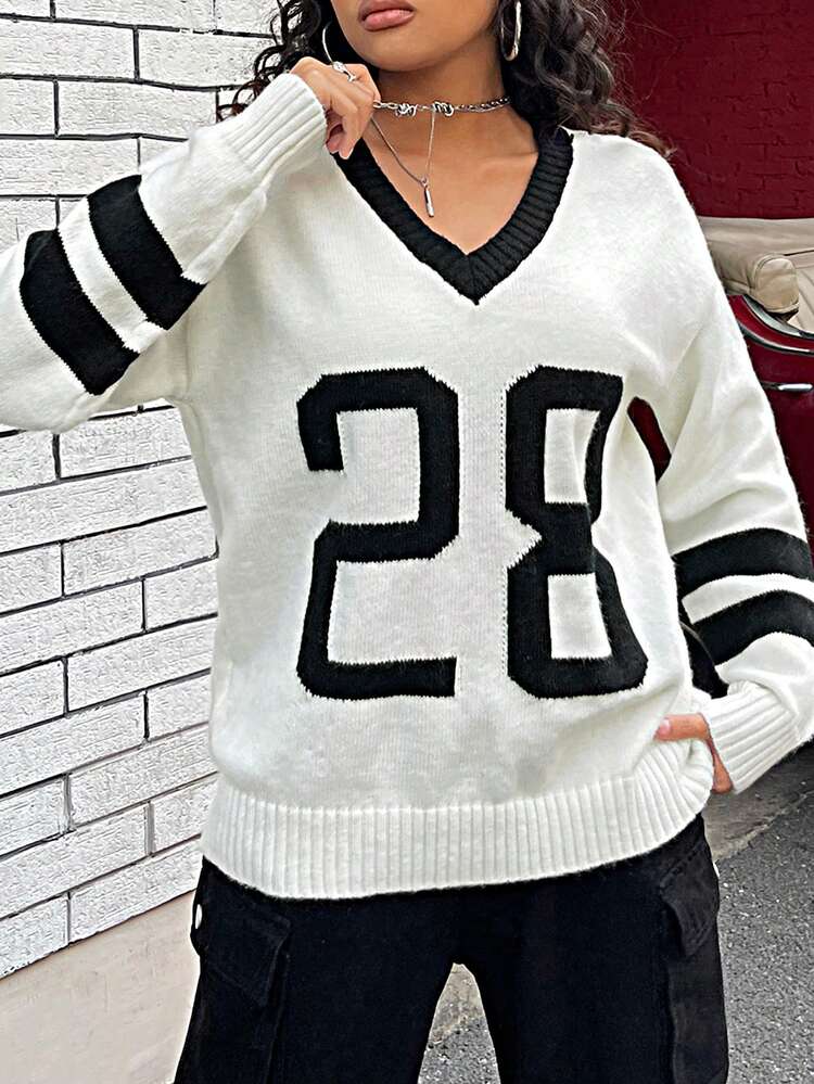 Number Pattern Drop Shoulder Sweater