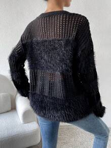 Flirla 毛绒拼接落肩镂空针织套头衫 秋冬毛衣 - 黑色 - 查看 2