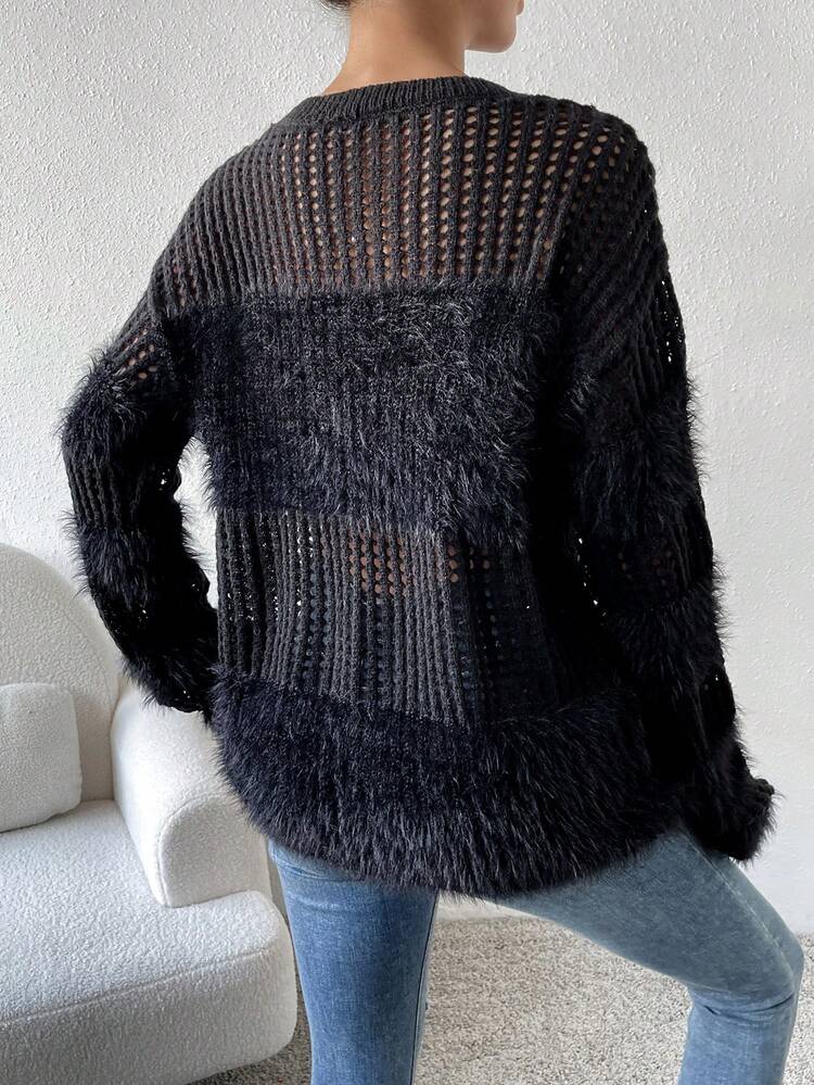 Fuzzy Panel Drop Shoulder Pointelle Knit Pullover Fall Winter Sweater