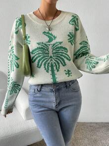 SHEIN Unity Palm Tree Pattern Drop Shoulder Sweater - Apricot - View 4
