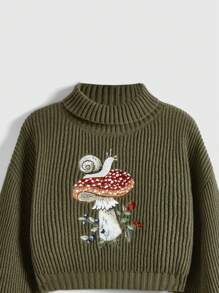 ROMWE Fairycore 蘑菇刺绣高领灯笼袖毛衣，长袖上衣