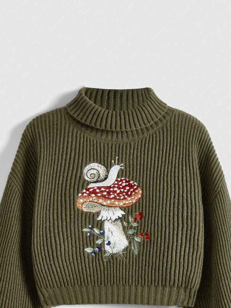 Mushroom Embroidery Turtleneck Lantern Sleeve Sweater,Long Sleeve Tops