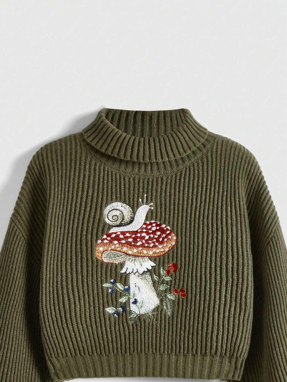 Mushroom Embroidery Turtleneck Lantern Sleeve Sweater,Long Sleeve Tops