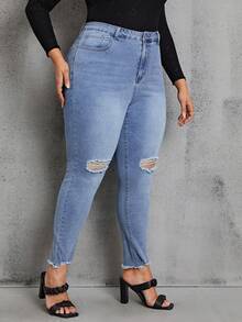 SHEIN Privé Hơn Rách Cắt Thô Quần jean ôm - Rửa nhẹ - Xem 4